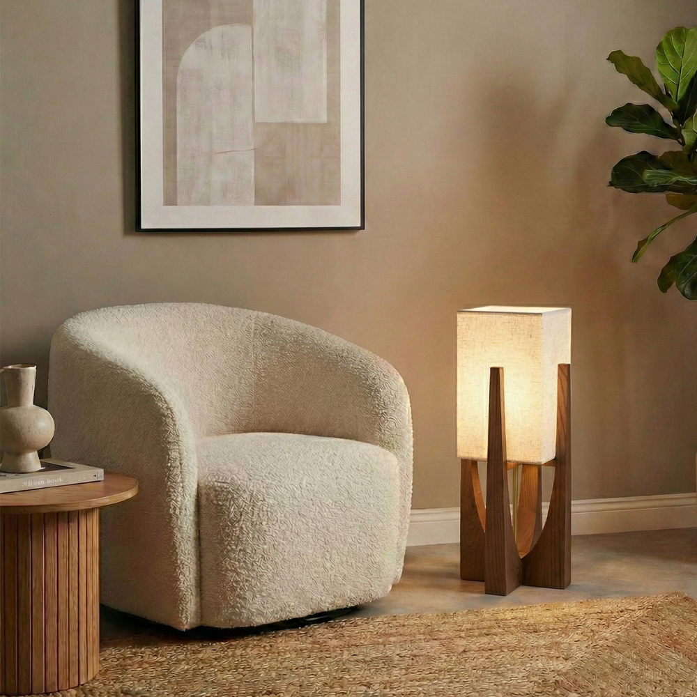 Wabi Sabi Floor Lamp With Fabric Shade And Wooden Base For Living Room | Meowbutter
