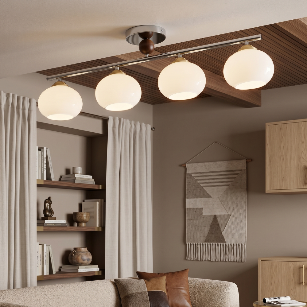 Quad Glass Shades Flush Mount Ceiling Light In Chrome And Gold
