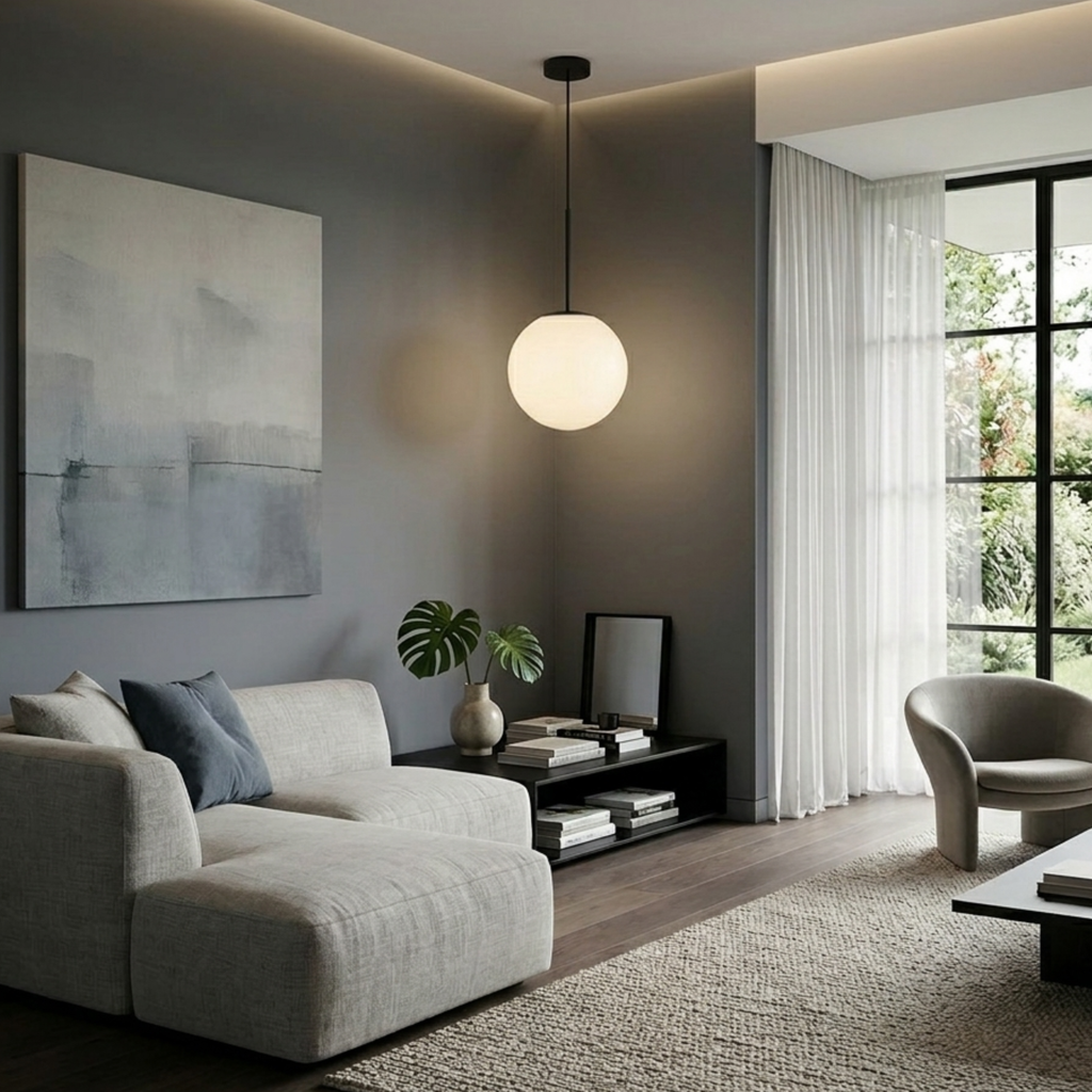 Matte Black Pendant Light With Globe And White Opal Glass Ball