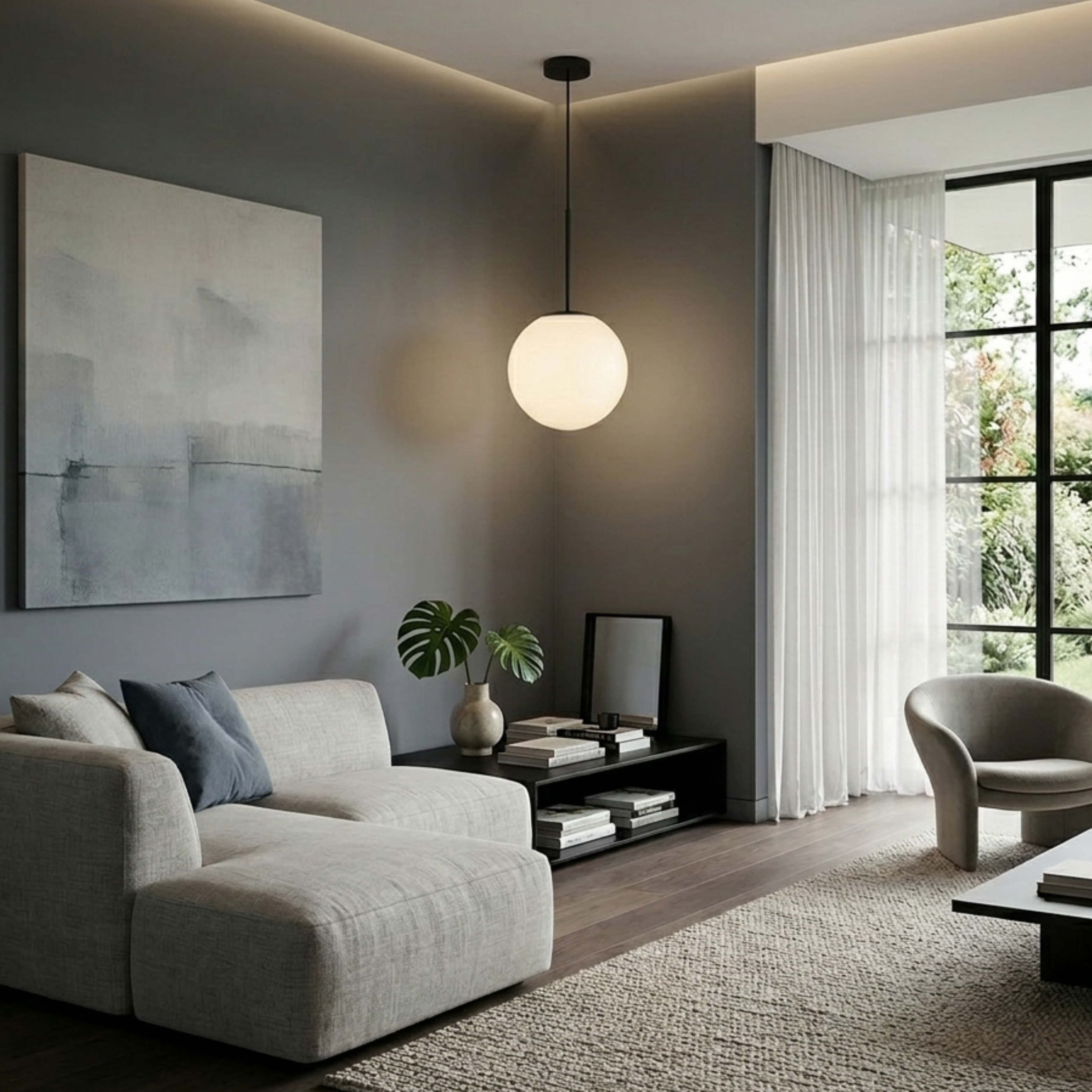 Matte Black Pendant Light With Globe And White Opal Glass Ball