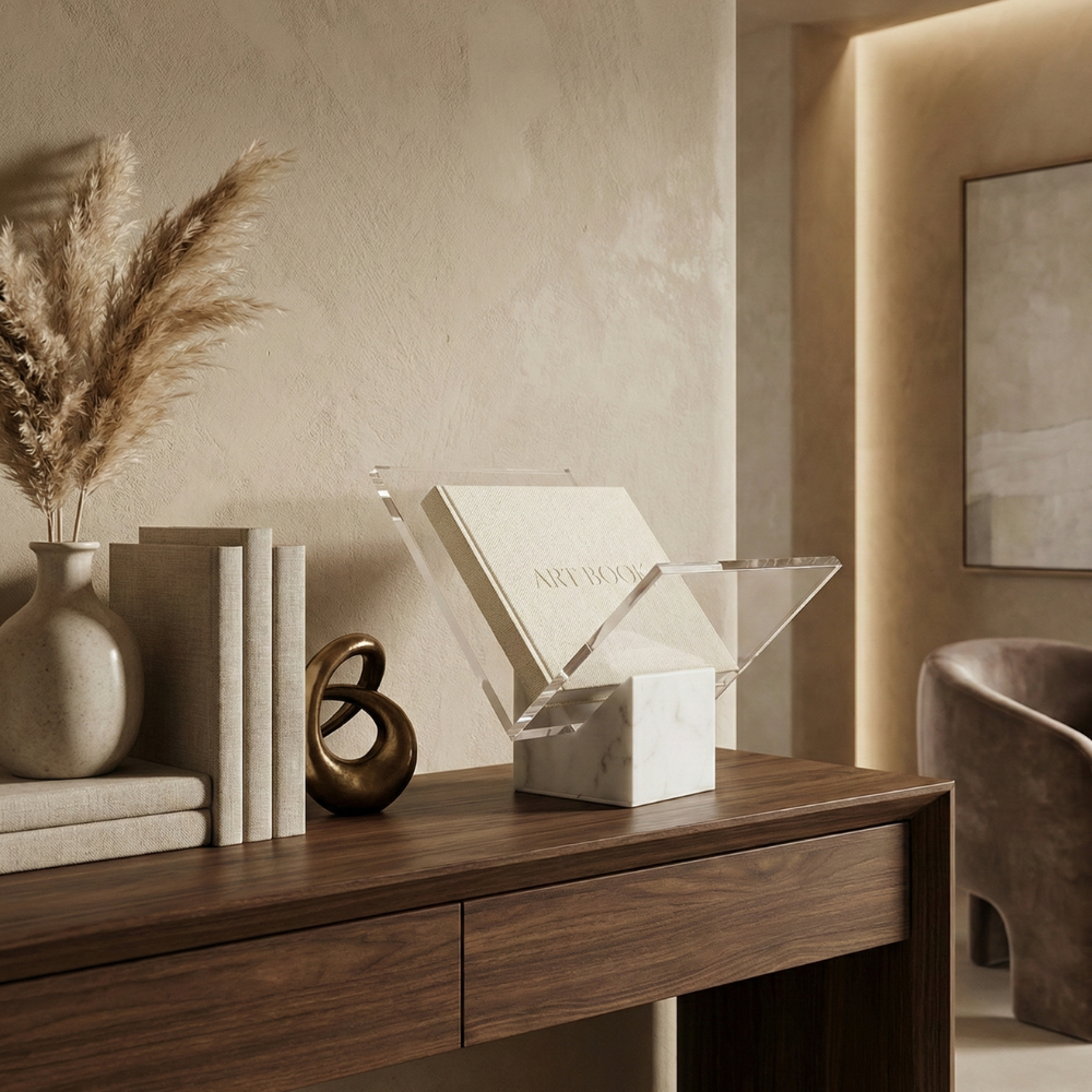 Acrylic Finish Modern Document Holder With Marble Look