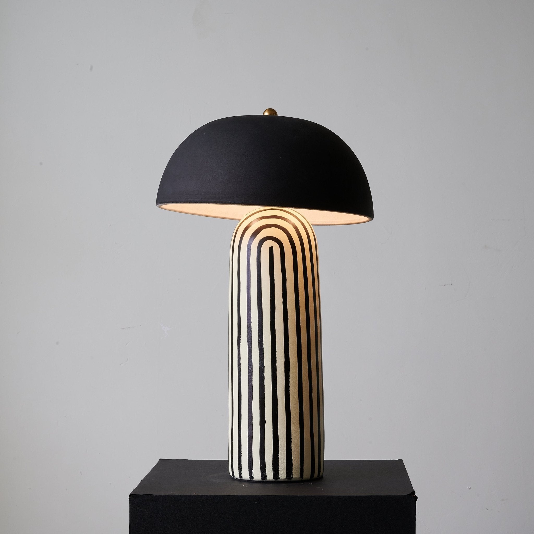 Contemporary Striped Ceramic Table Lamp With Black Dome Shade