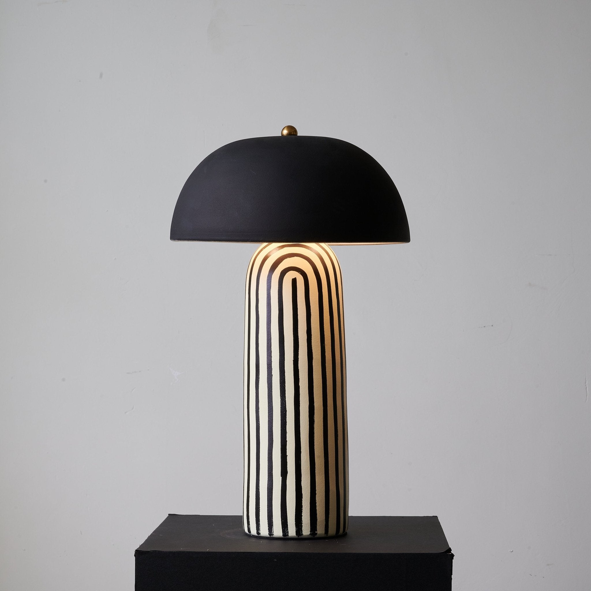 Contemporary Striped Ceramic Table Lamp With Black Dome Shade