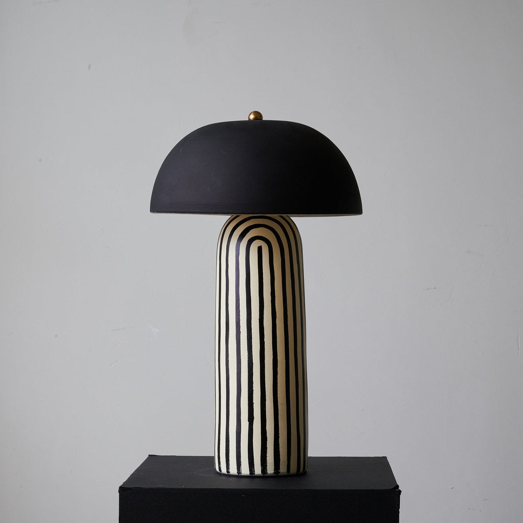Contemporary Striped Ceramic Table Lamp With Black Dome Shade