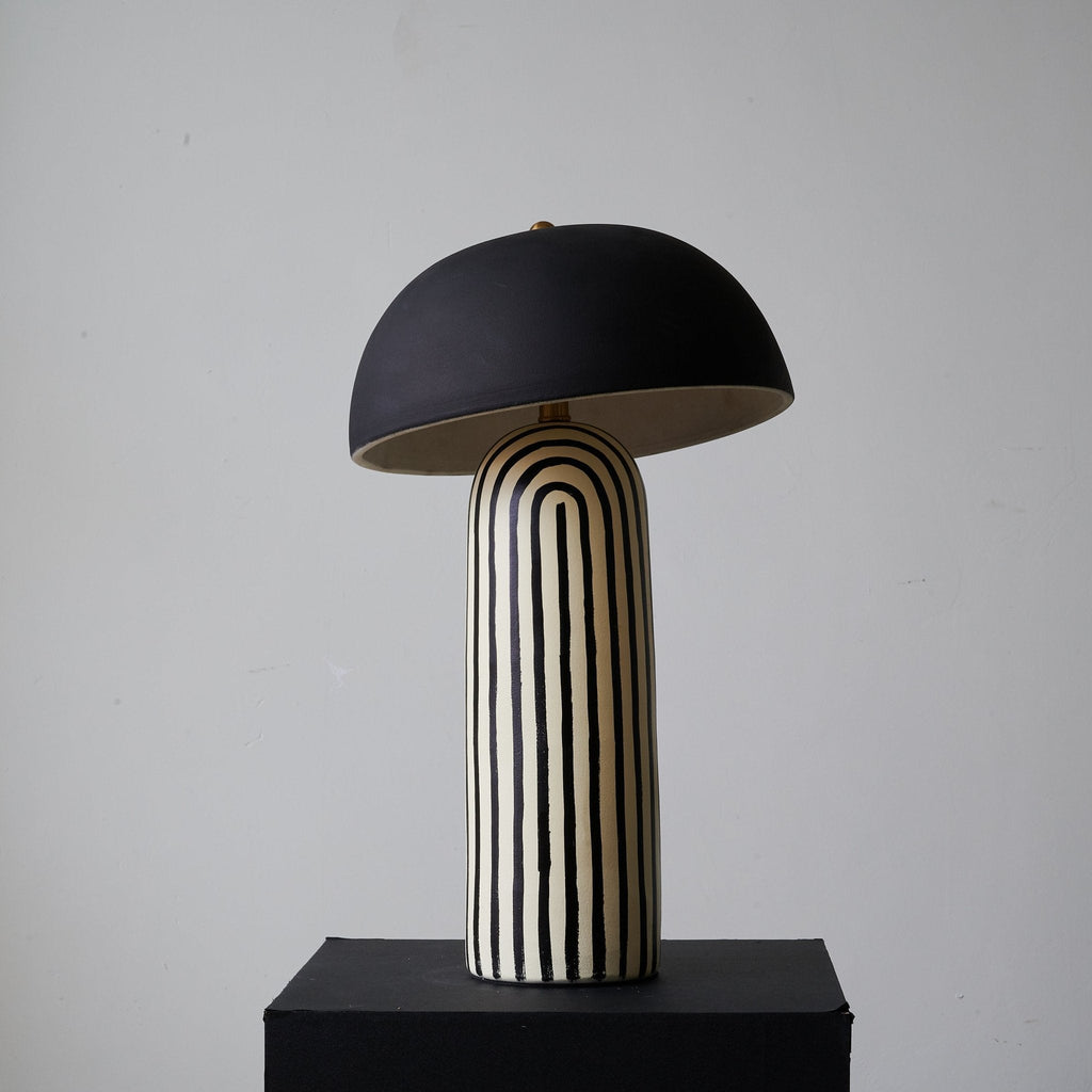 Contemporary Striped Ceramic Table Lamp With Black Dome Shade