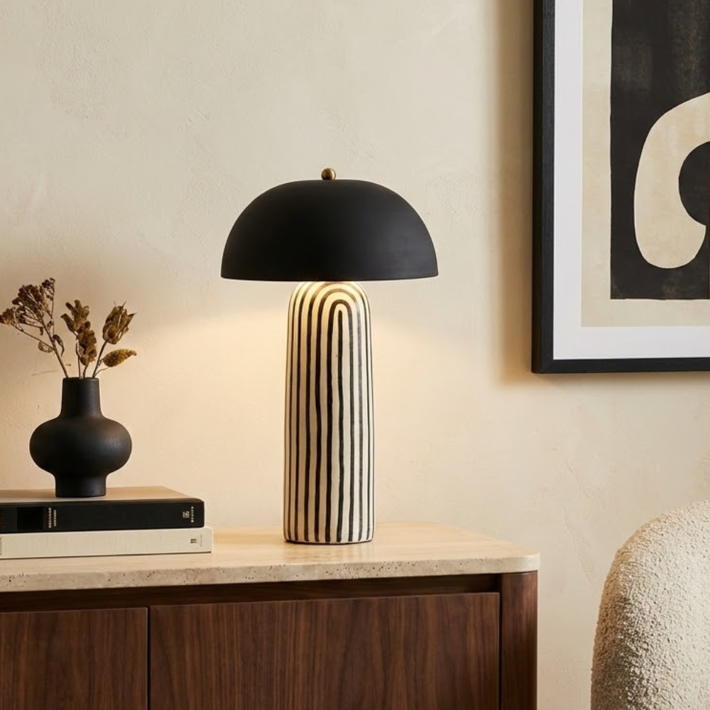 Contemporary Striped Ceramic Table Lamp With Black Dome Shade