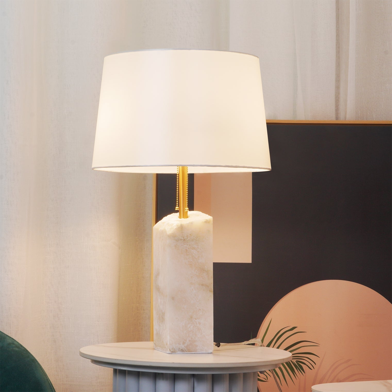 Alabaster Table Lamp With Fabric Shade And Adjustable Height