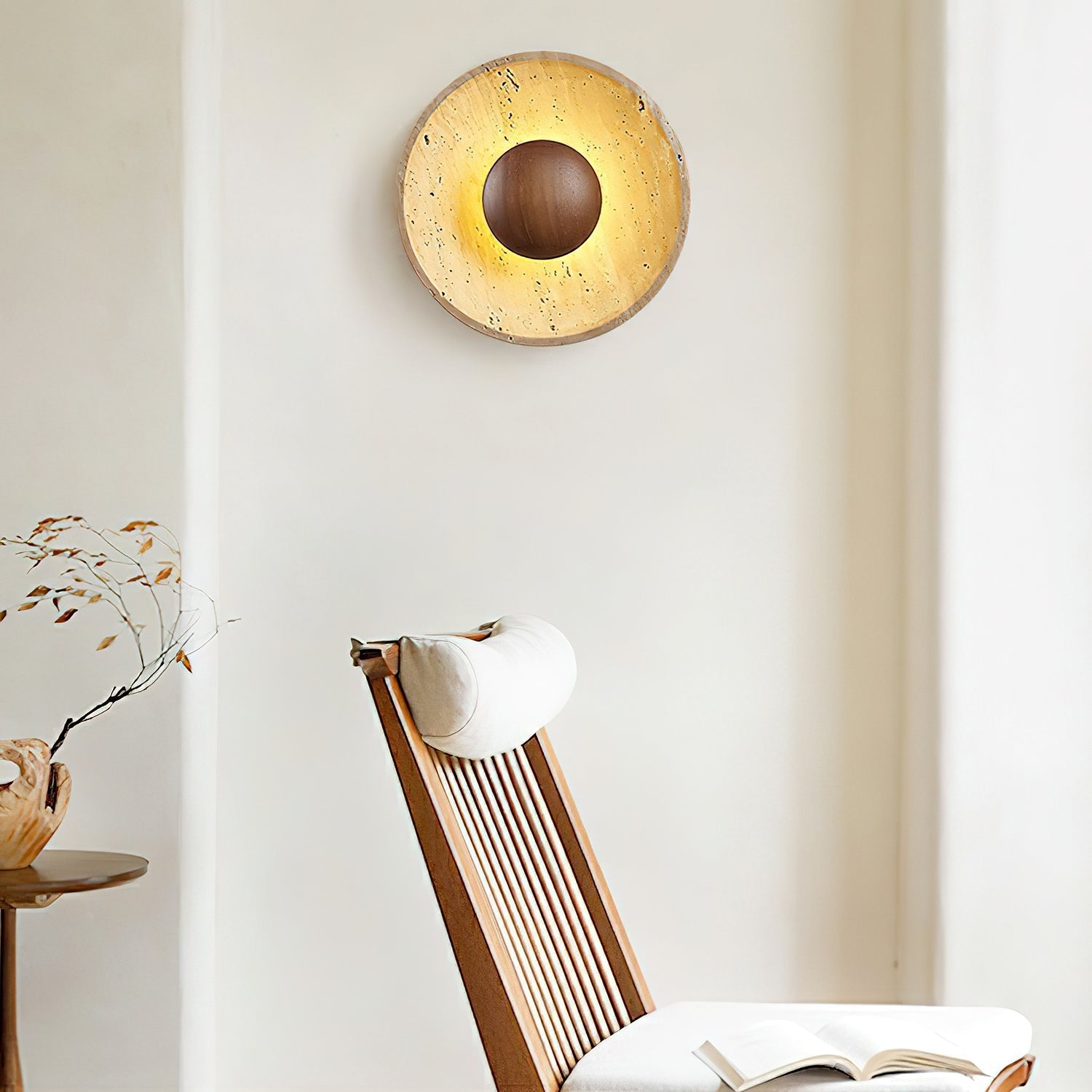 Yellow Travertine Sconce With A Wooden Base Wall Light