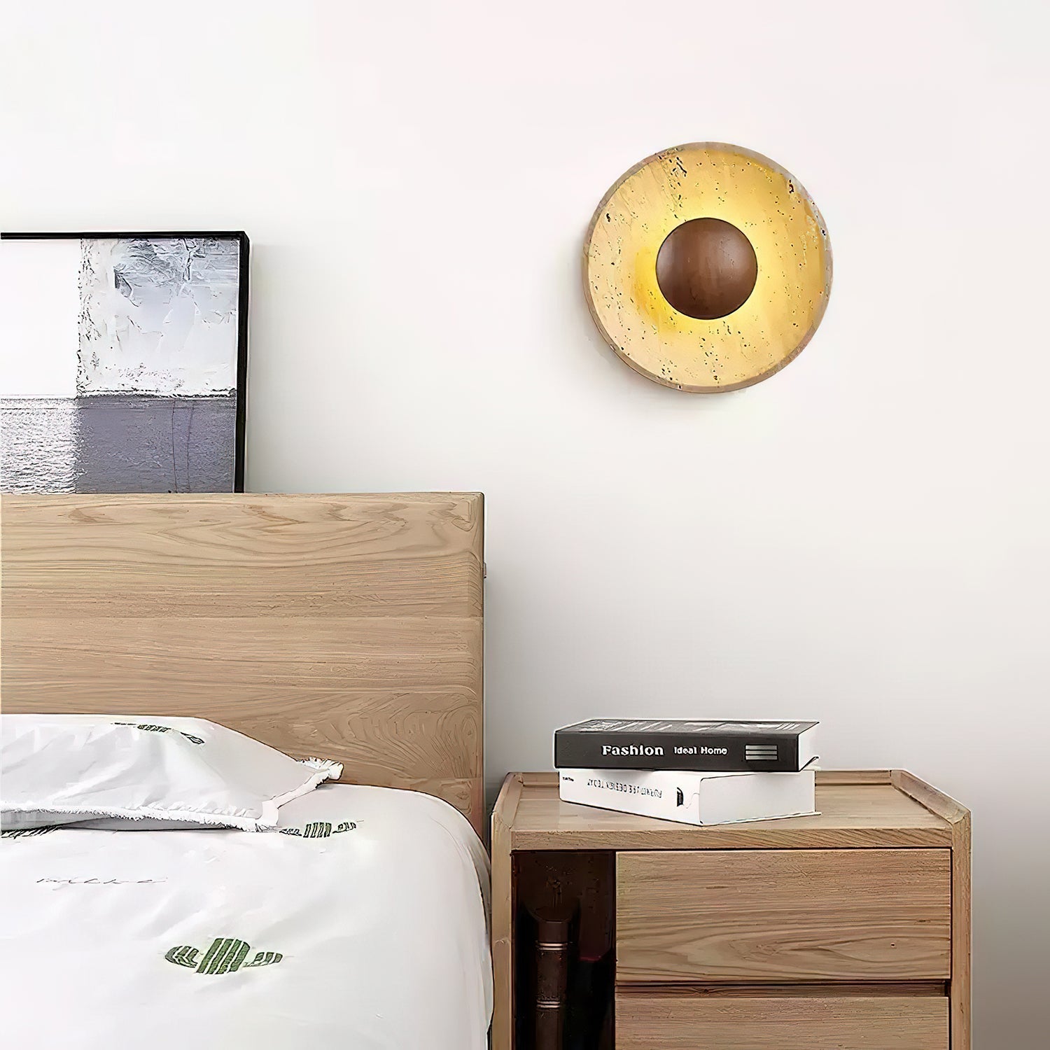 Yellow Travertine Sconce With A Wooden Base Wall Light