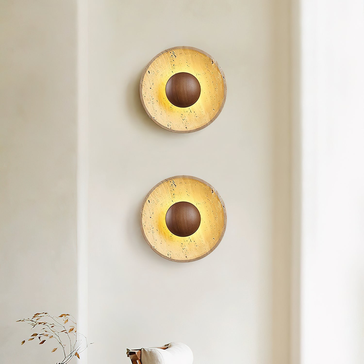 Yellow Travertine Sconce With A Wooden Base Wall Light