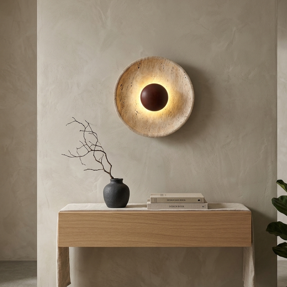 Yellow Travertine Sconce With A Wooden Base Wall Light