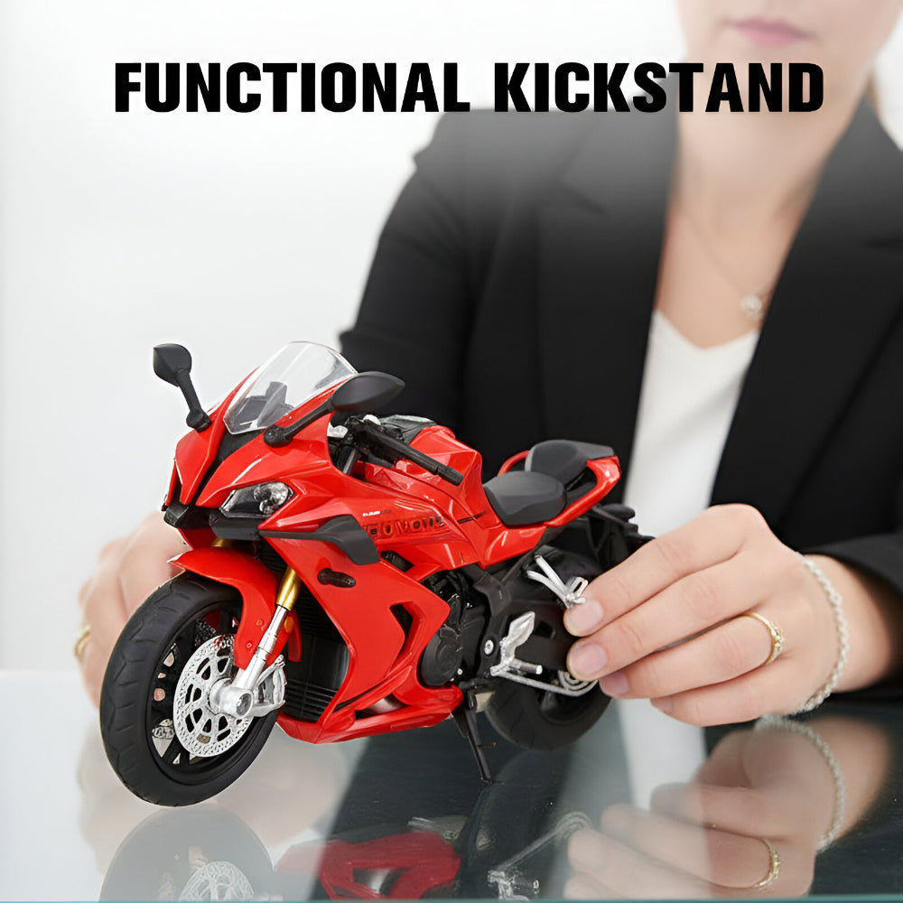 Slitinový kovový model motocyklu v měřítku 1:12 — gumové pneumatiky, zvukový modul, osvětlené detaily