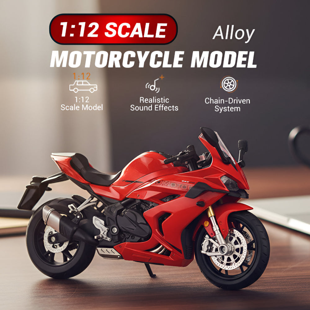 Slitinový kovový model motocyklu v měřítku 1:12 — gumové pneumatiky, zvukový modul, osvětlené detaily