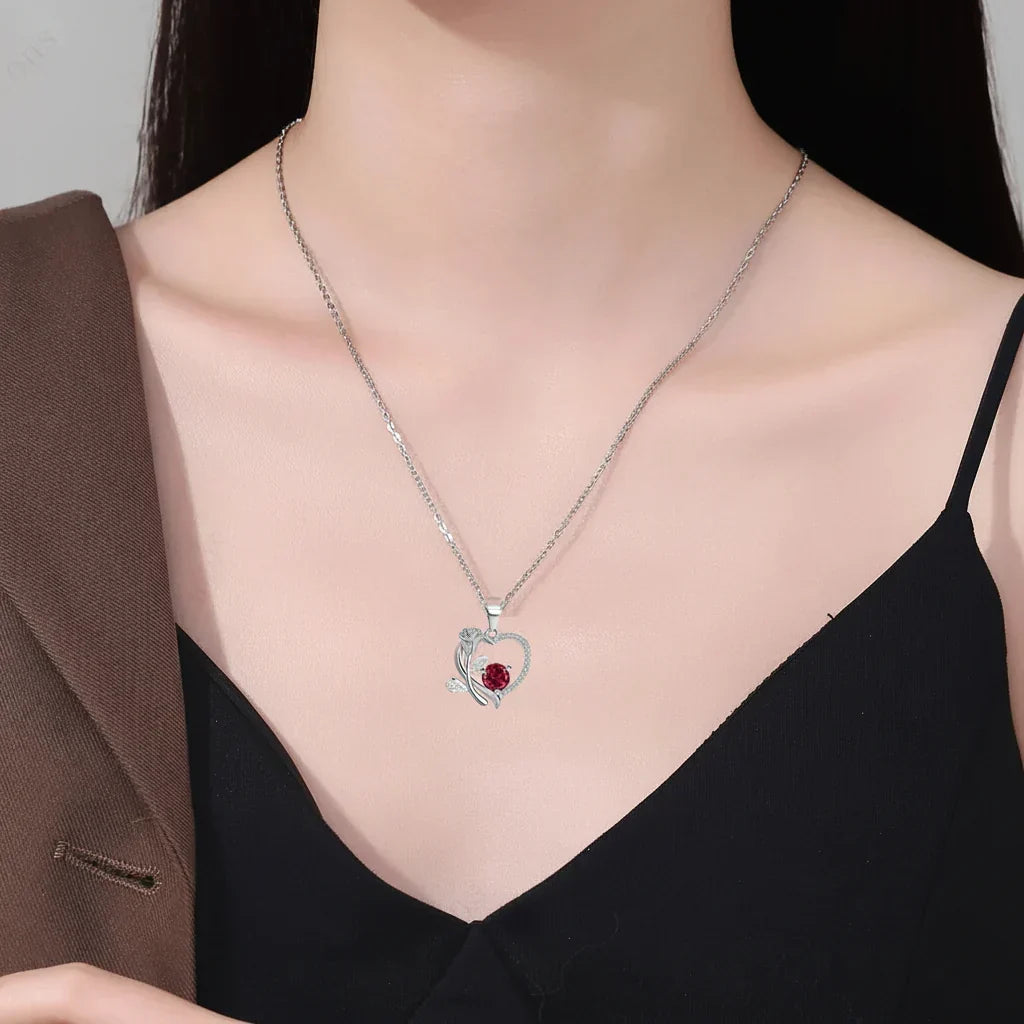 Copper Alloy Heart Pendant Necklace — Luminous Zircon, Bear & Rose Charm, Gift Box