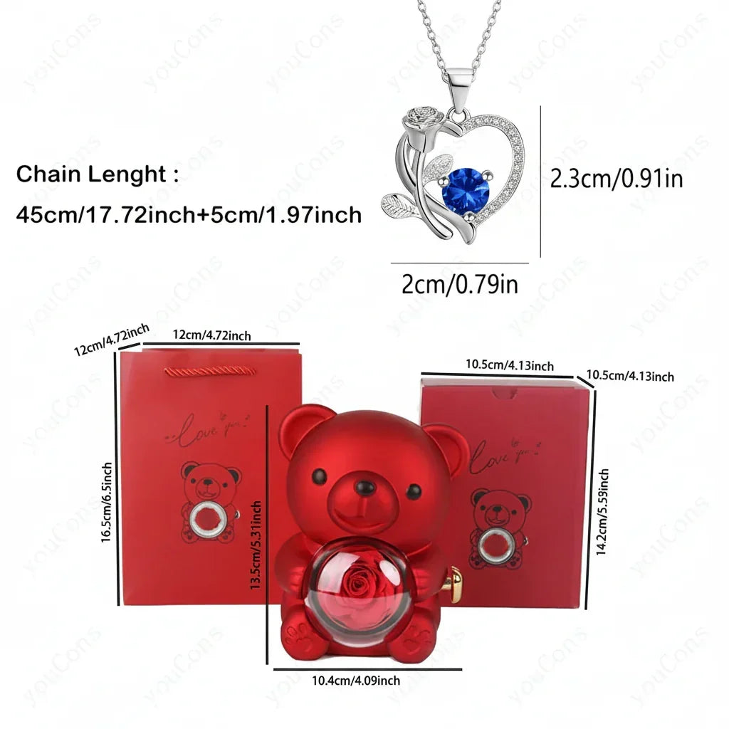Copper Alloy Heart Pendant Necklace — Luminous Zircon, Bear & Rose Charm, Gift Box