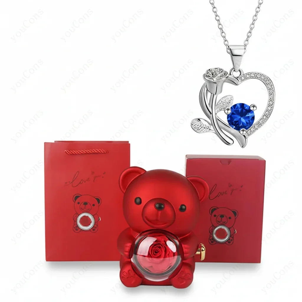 Copper Alloy Heart Pendant Necklace — Luminous Zircon, Bear & Rose Charm, Gift Box