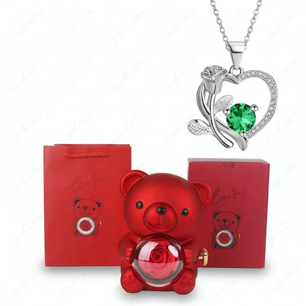 Copper Alloy Heart Pendant Necklace — Luminous Zircon, Bear & Rose Charm, Gift Box