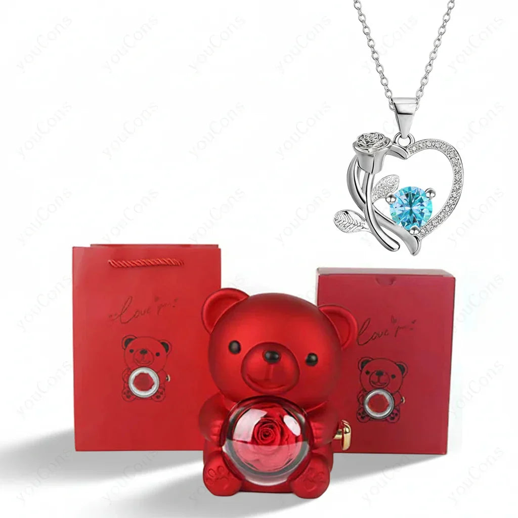 Copper Alloy Heart Pendant Necklace — Luminous Zircon, Bear & Rose Charm, Gift Box
