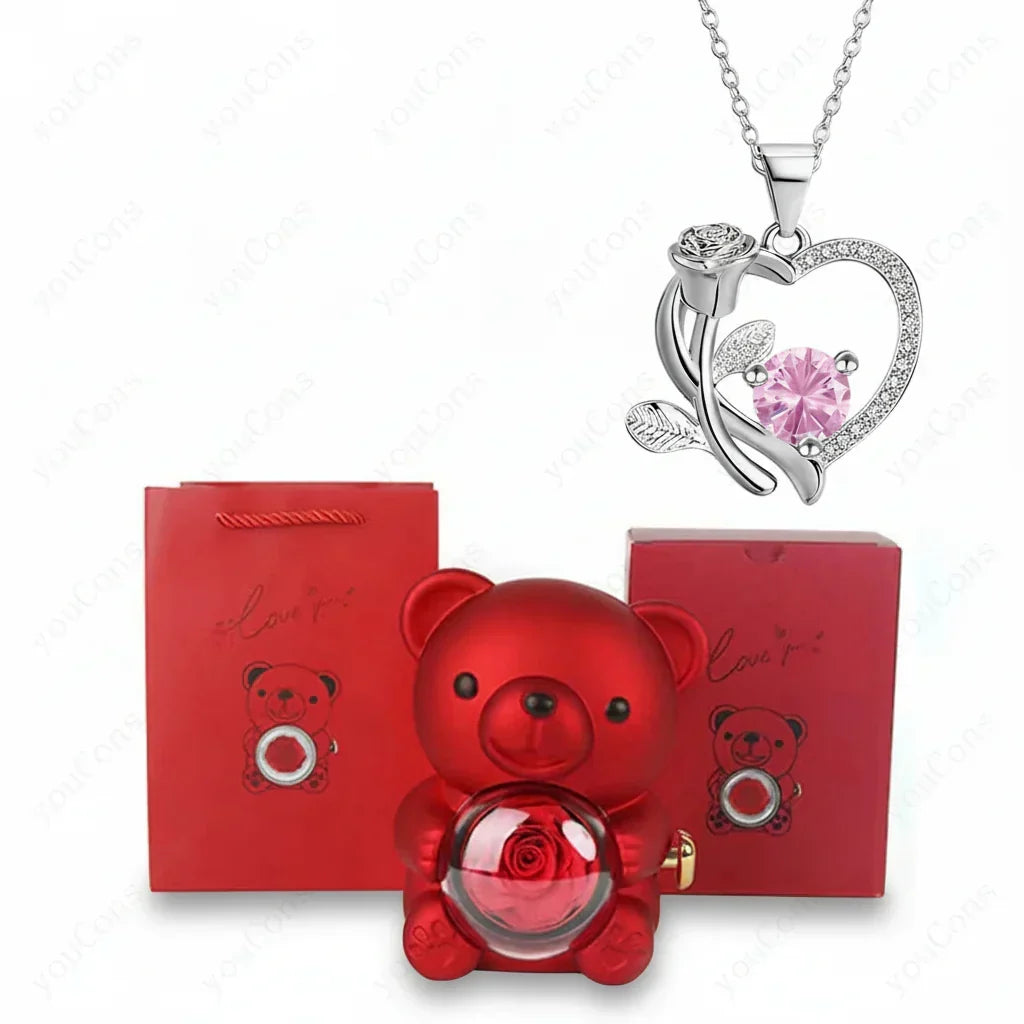 Copper Alloy Heart Pendant Necklace — Luminous Zircon, Bear & Rose Charm, Gift Box