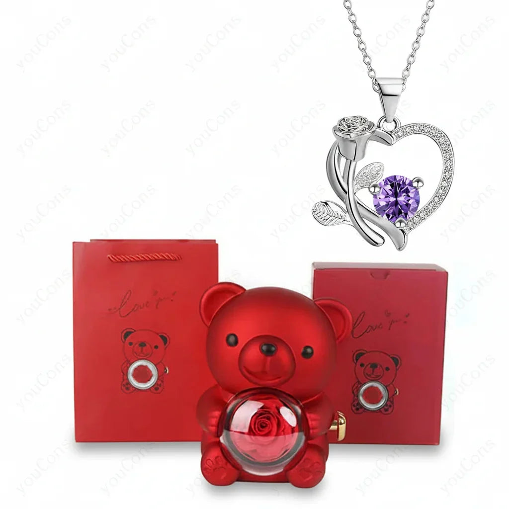 Copper Alloy Heart Pendant Necklace — Luminous Zircon, Bear & Rose Charm, Gift Box