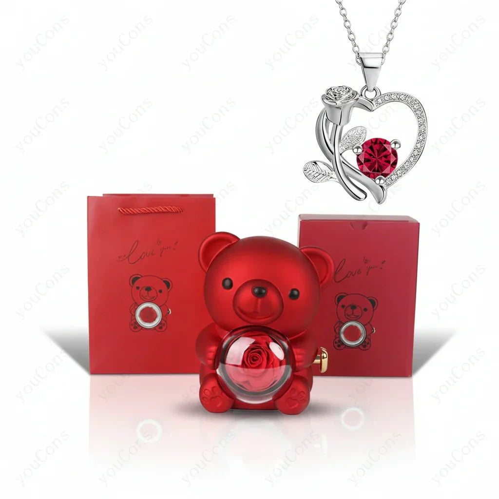 Copper Alloy Heart Pendant Necklace — Luminous Zircon, Bear & Rose Charm, Gift Box