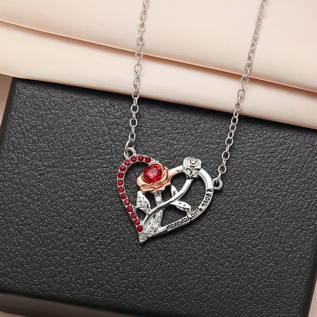 Silver Heart Pendant Necklace — Intricate Rose Detailing, Smooth Chain