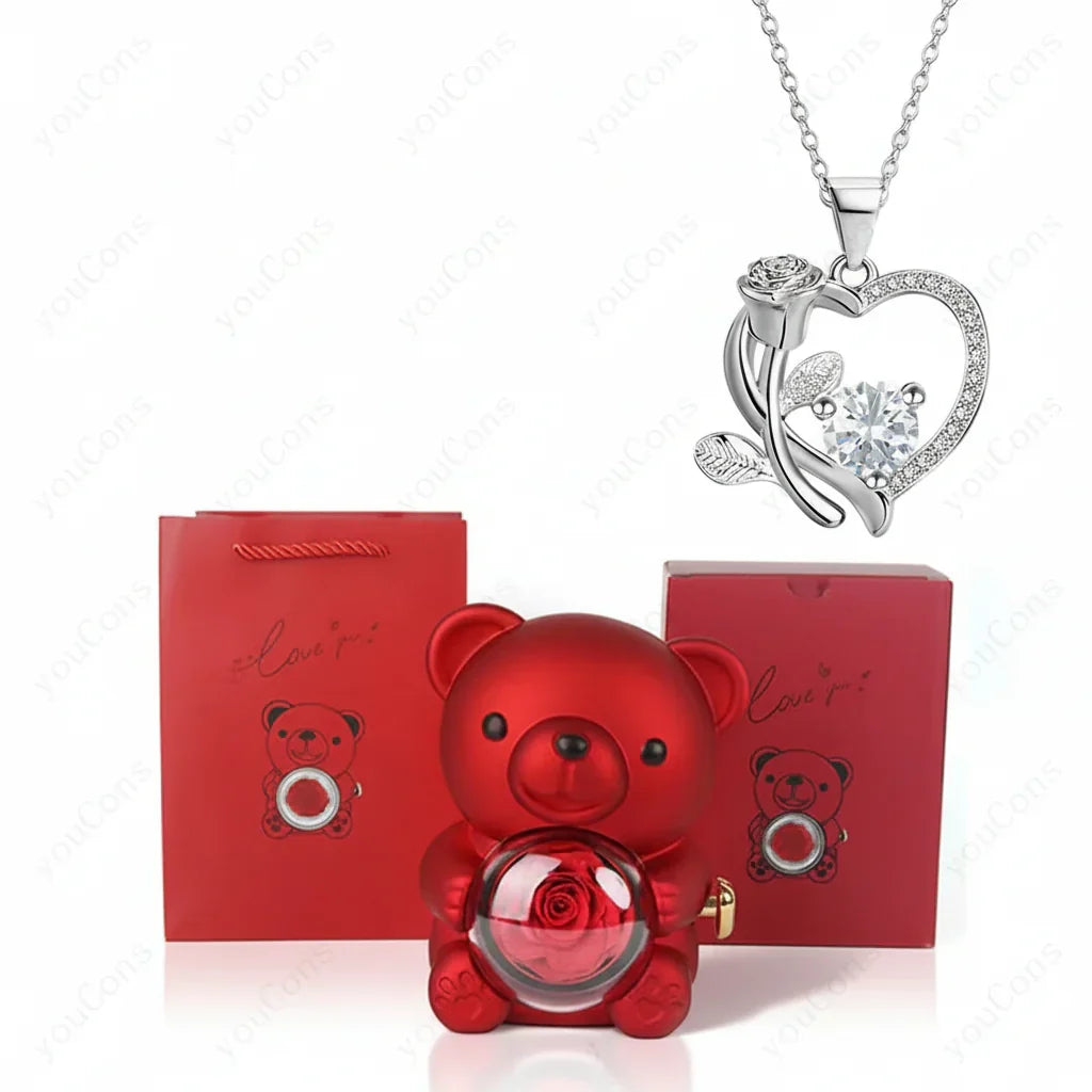 Copper Alloy Heart Pendant Necklace — Luminous Zircon, Bear & Rose Charm, Gift Box