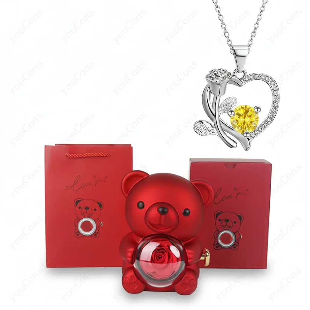 Copper Alloy Heart Pendant Necklace — Luminous Zircon, Bear & Rose Charm, Gift Box