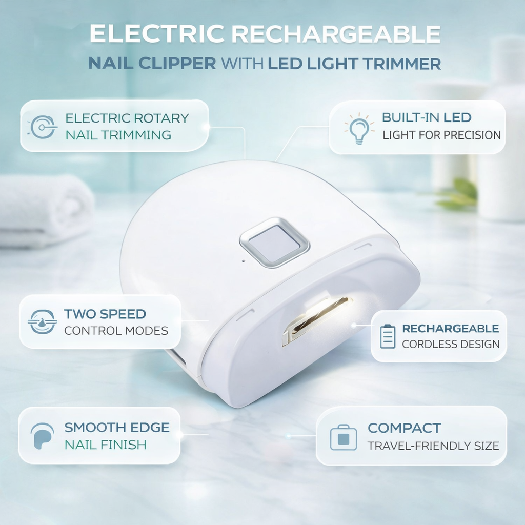 Corta-unhas elétrico recarregável — Design compacto sem fios, cortador e lima rotativos, luz LED