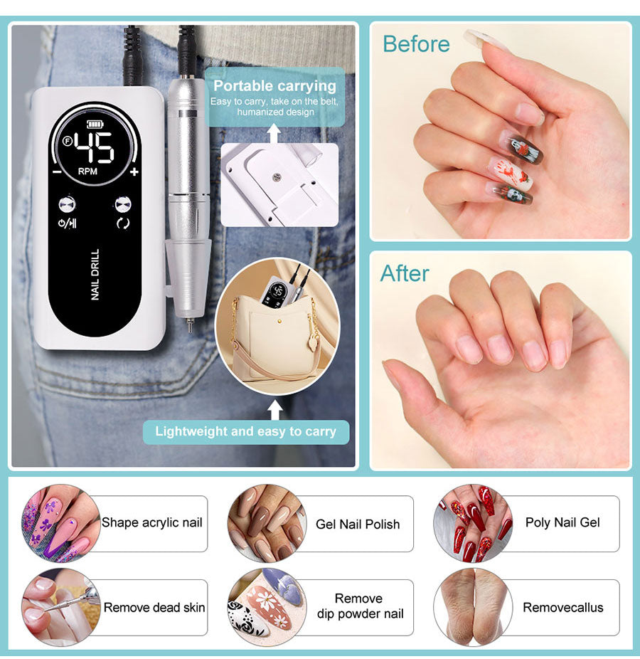 Elektryczny pilnik do paznokci Nail Care Pro — 45000 RPM, akumulator, cicha praca