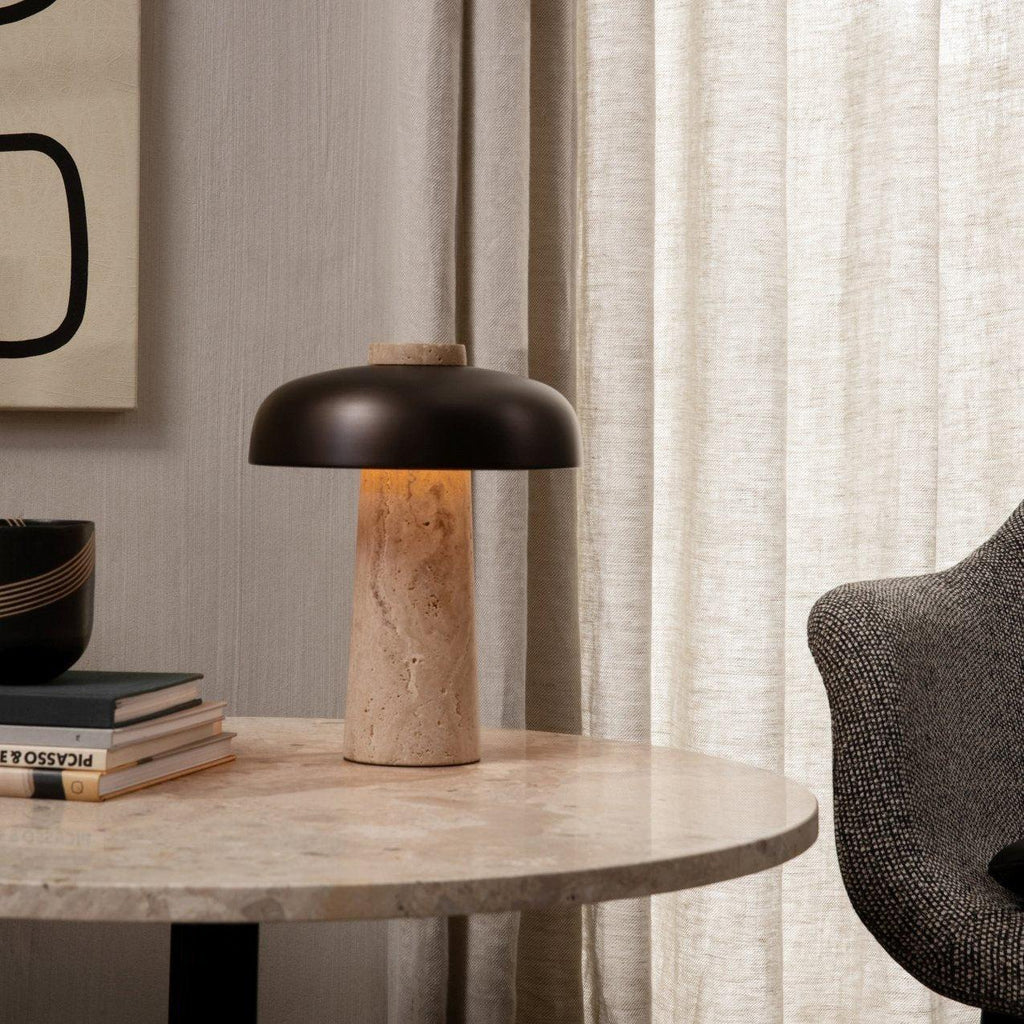 Elegant Yellow Travertine Base Lamp With Black Shade