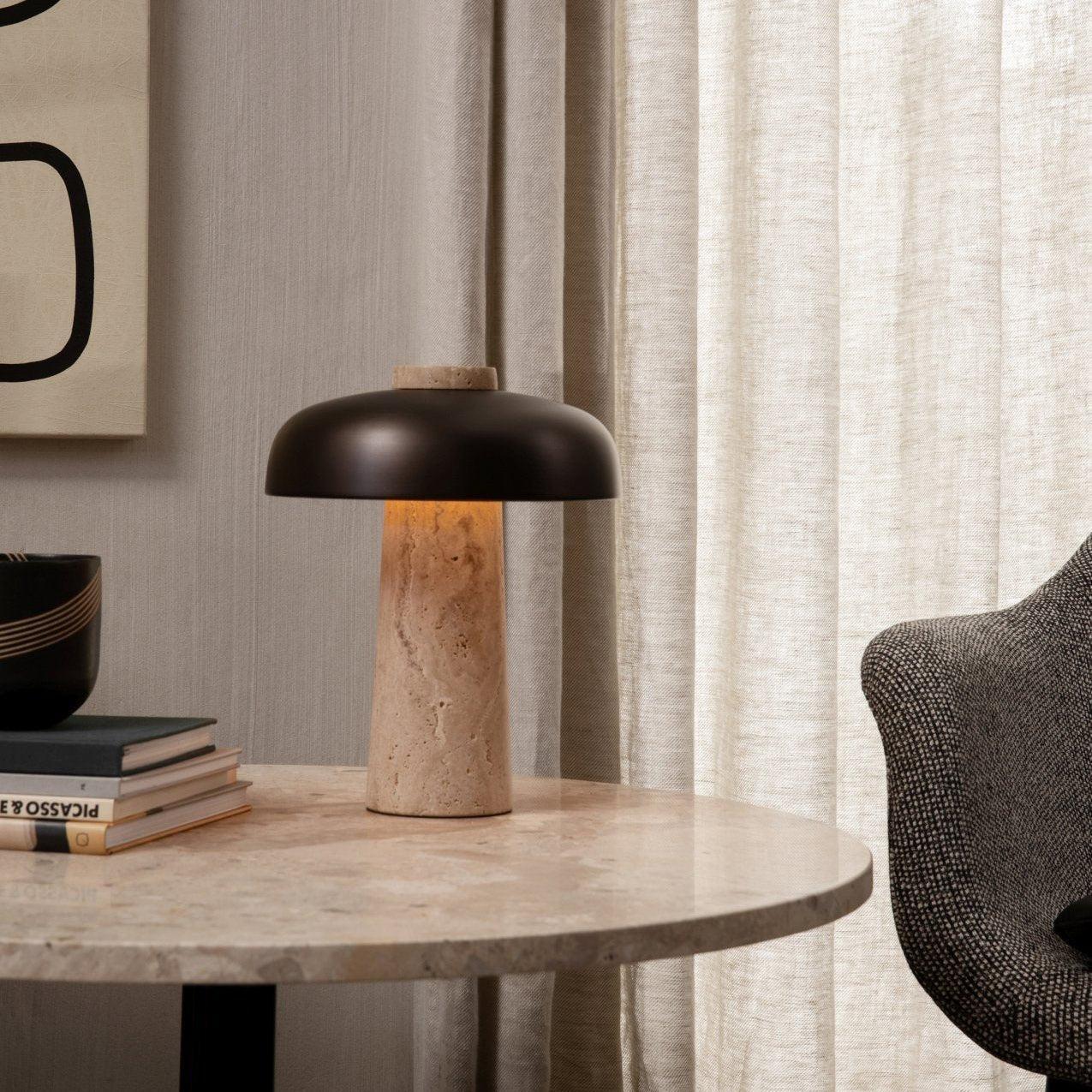 Elegant Yellow Travertine Base Lamp With Black Shade