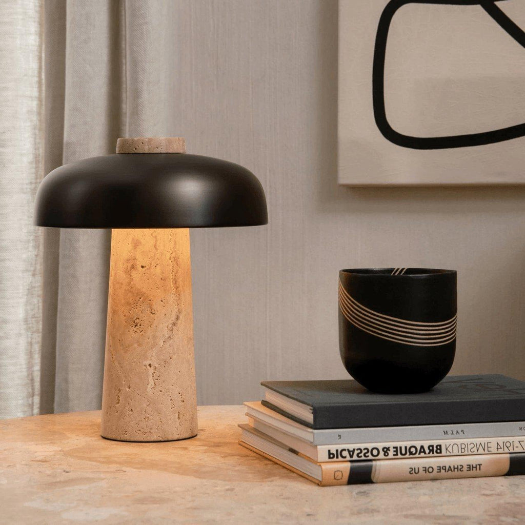 Elegant Yellow Travertine Base Lamp With Black Shade