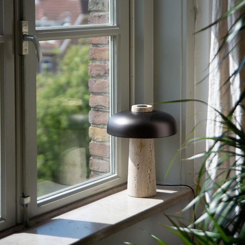 Elegant Yellow Travertine Base Lamp With Black Shade