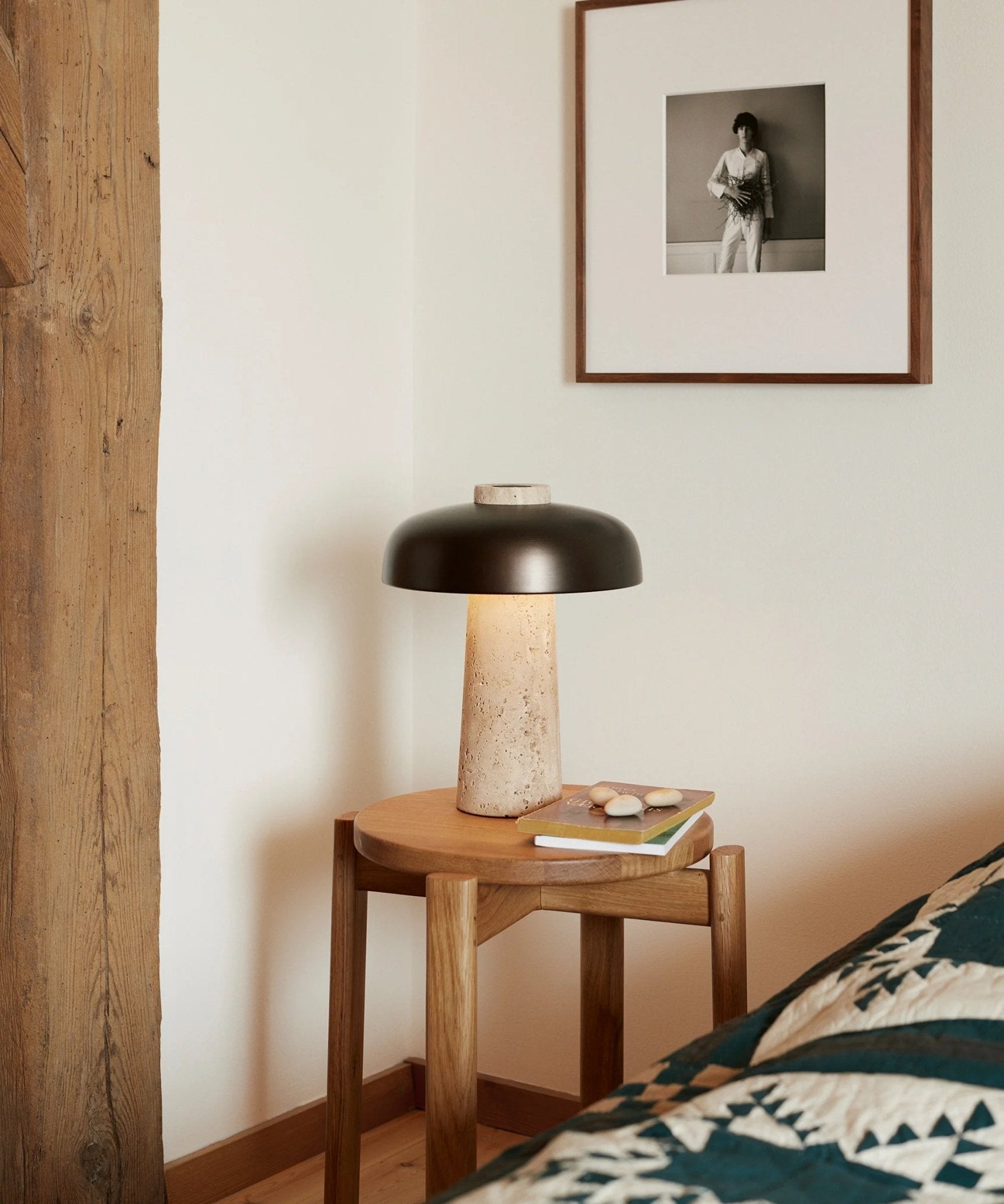 Elegant Yellow Travertine Base Lamp With Black Shade