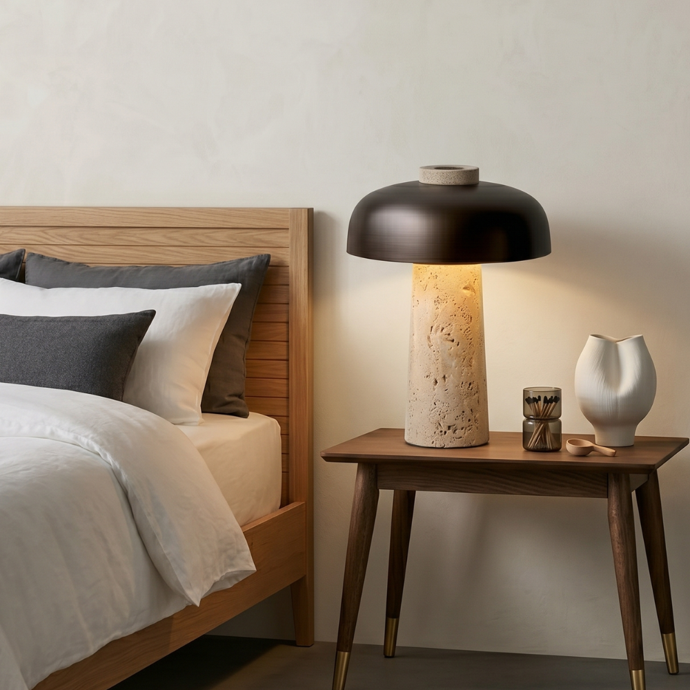 Elegant Yellow Travertine Base Lamp With Black Shade