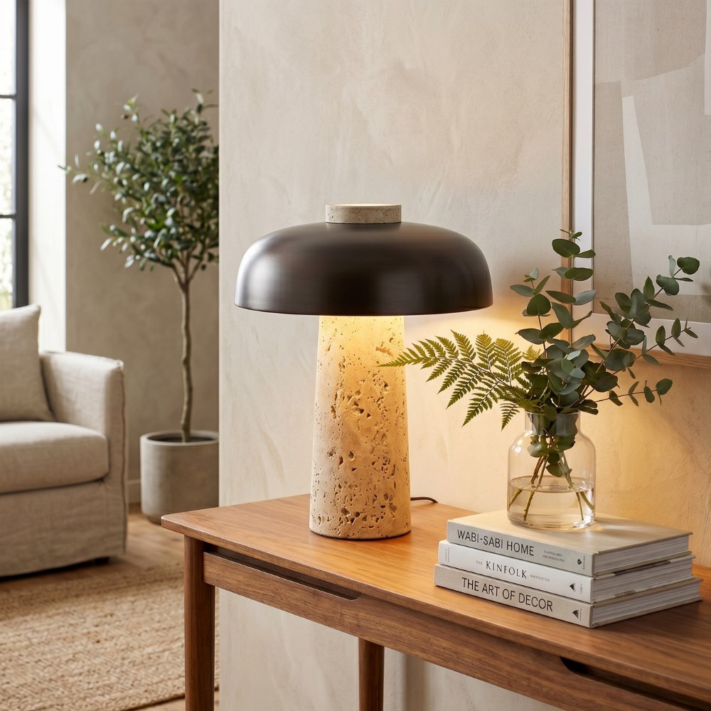Elegant Yellow Travertine Base Lamp With Black Shade