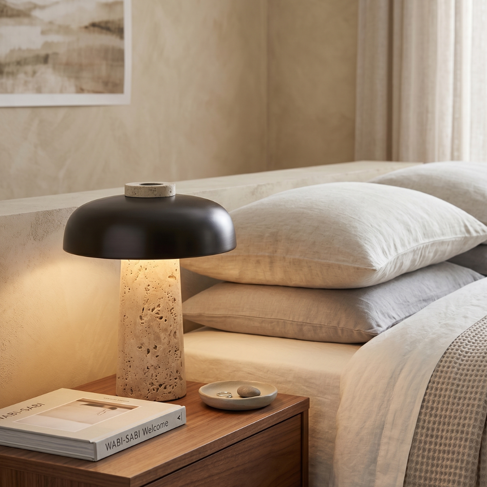 Elegant Yellow Travertine Base Lamp With Black Shade