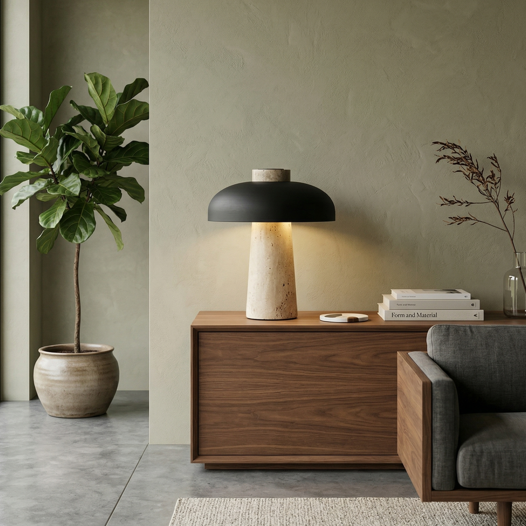 Elegant Yellow Travertine Base Lamp With Black Shade