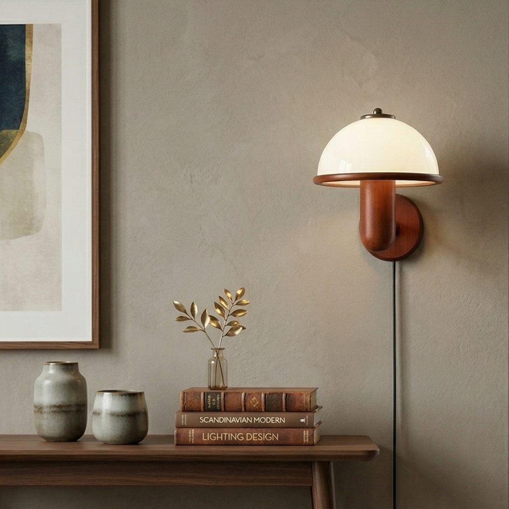 Wooden Accent Wall Sconce With White Shade For Warm Lighting