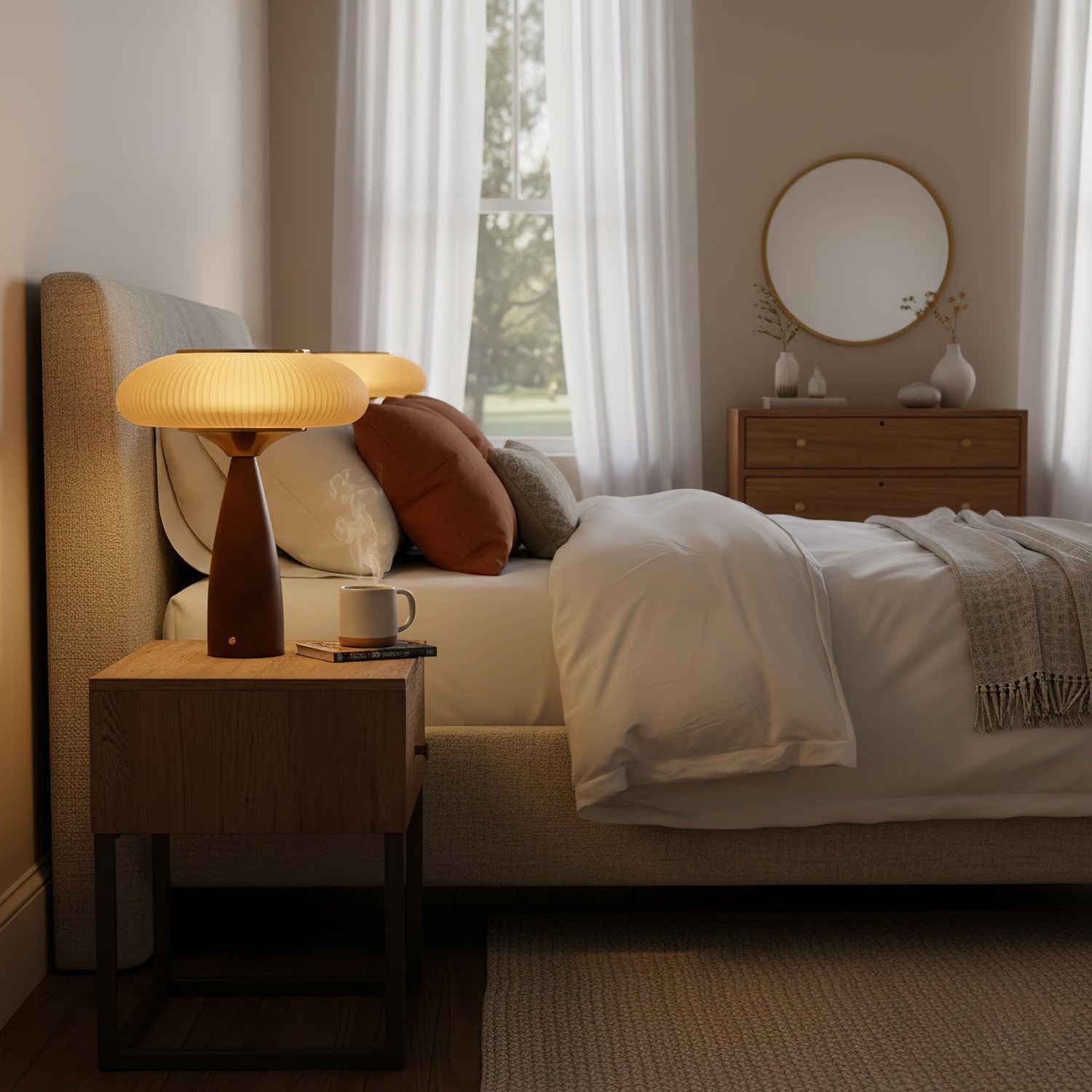 Wooden Bedside Lamp With Touch Control And Amber Shade