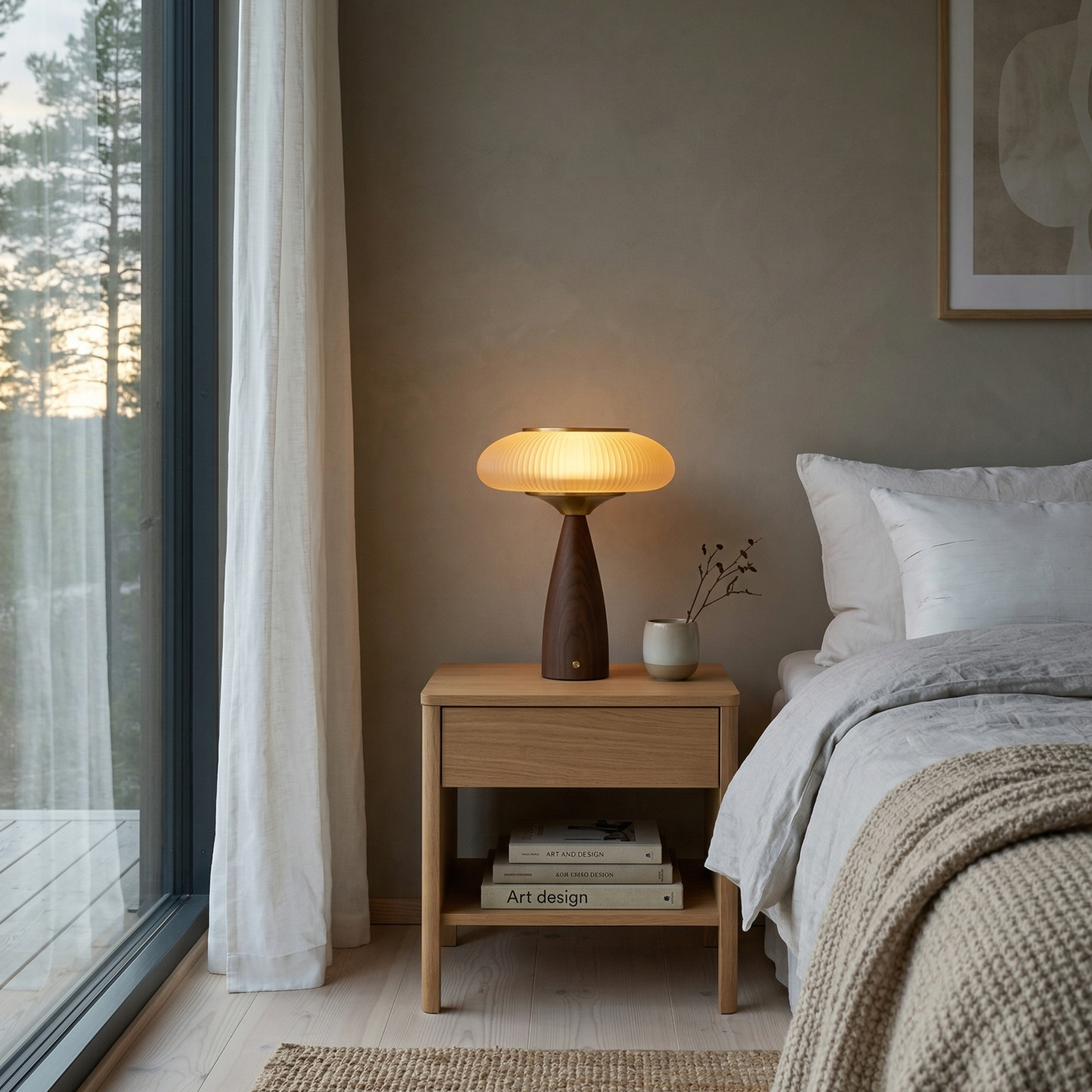 Wooden Bedside Lamp With Touch Control And Amber Shade
