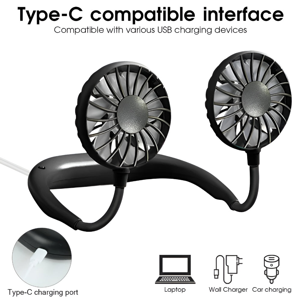 Hordozható, újratölthető nyakventilátor — kéz nélküli, dupla lapátos