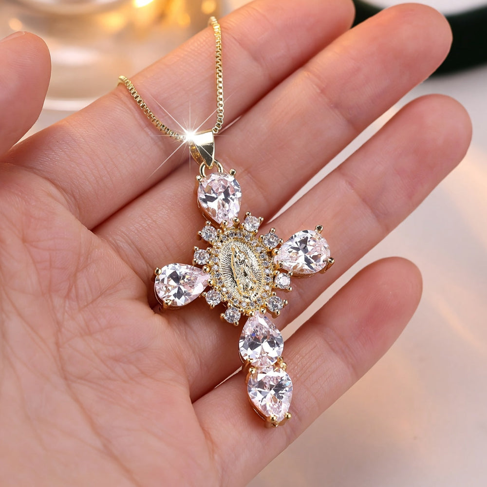 Gold Cross Pendant Necklace — Synthetic Zircon Crystal Setting
