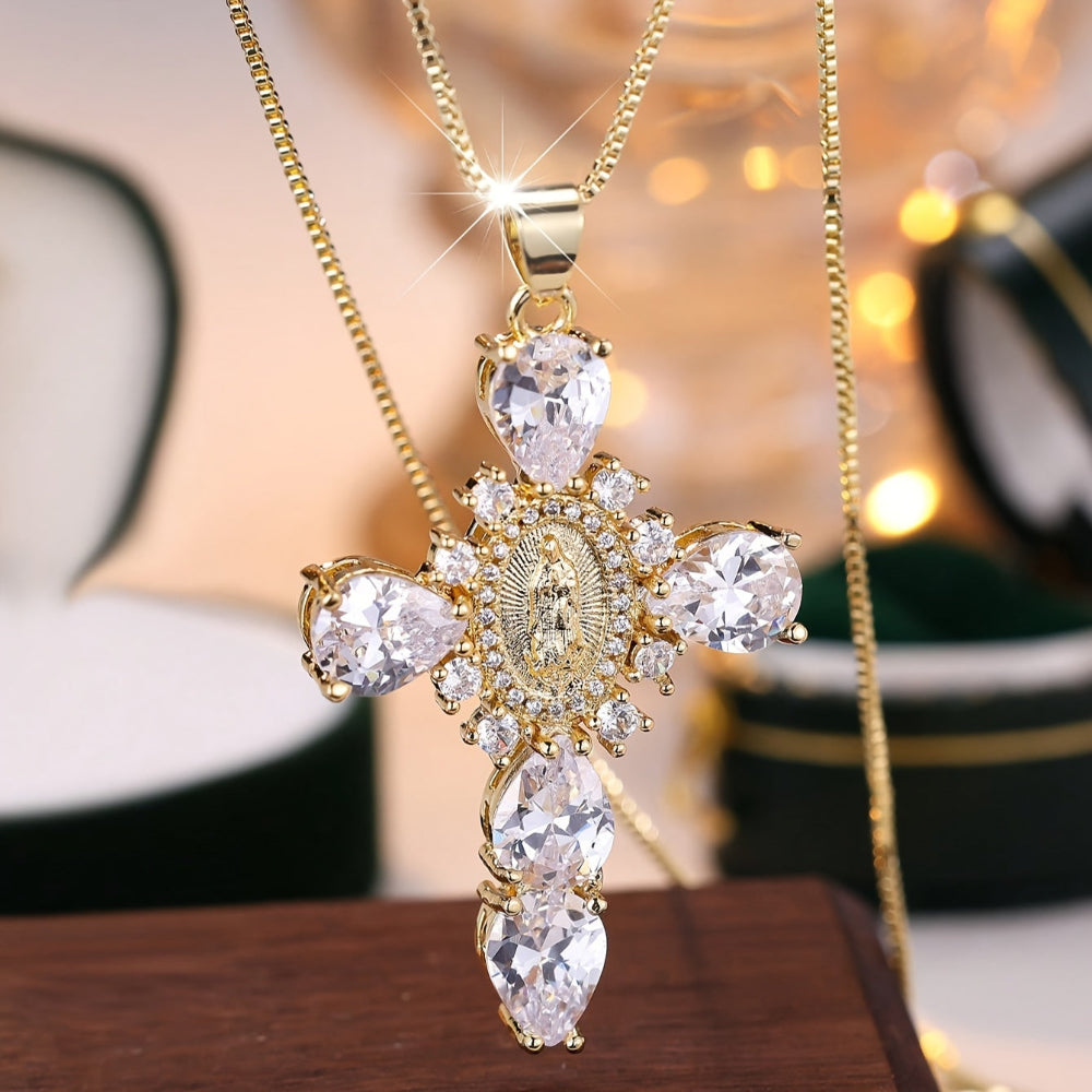 KC Gold Cross Necklace — Solid Copper Base Cubic Zirconia