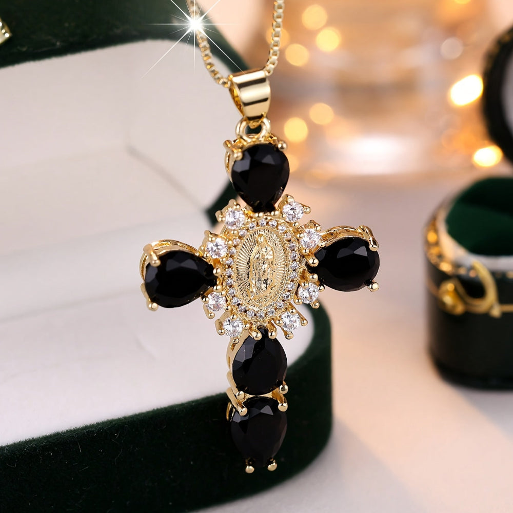 Gold Cross Pendant Necklace — Synthetic Zircon Crystal Setting