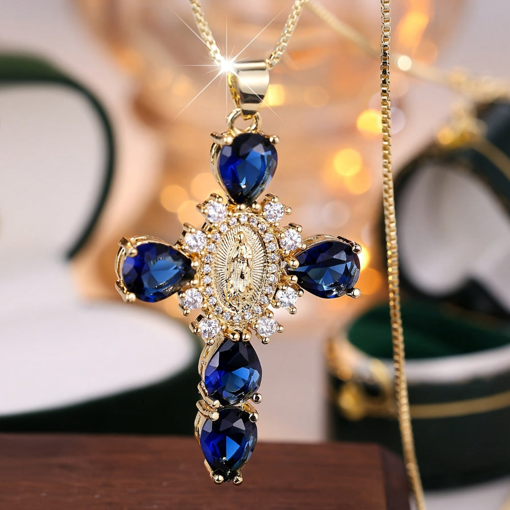 Gold Cross Pendant Necklace — Synthetic Zircon Crystal Setting