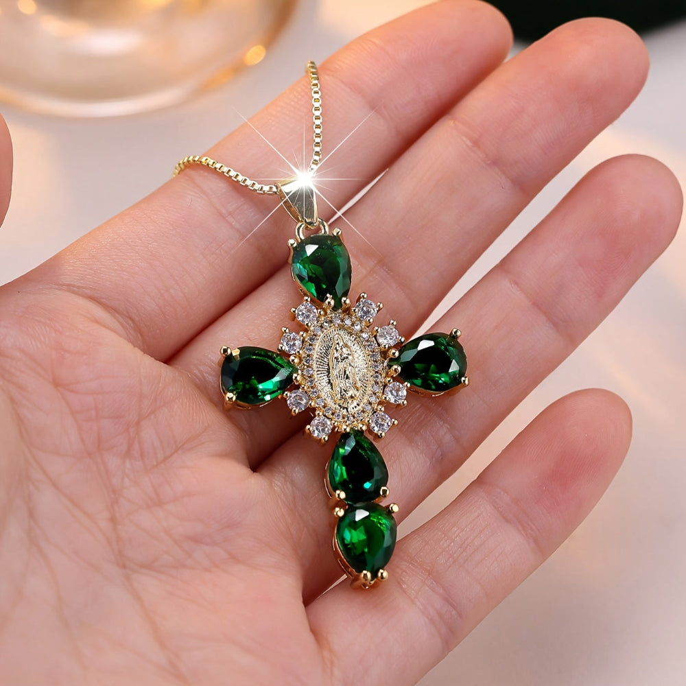 Gold Cross Pendant Necklace — Synthetic Zircon Crystal Setting