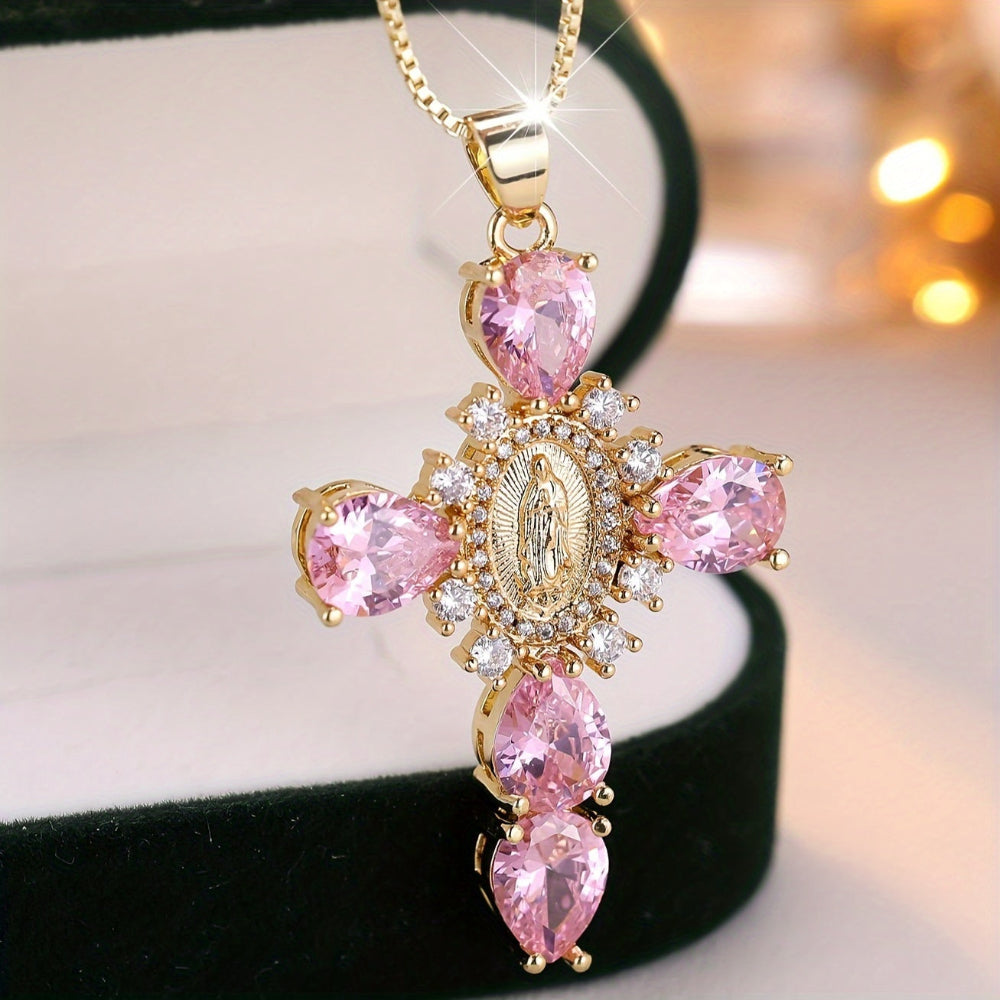 Gold Cross Pendant Necklace — Synthetic Zircon Crystal Setting