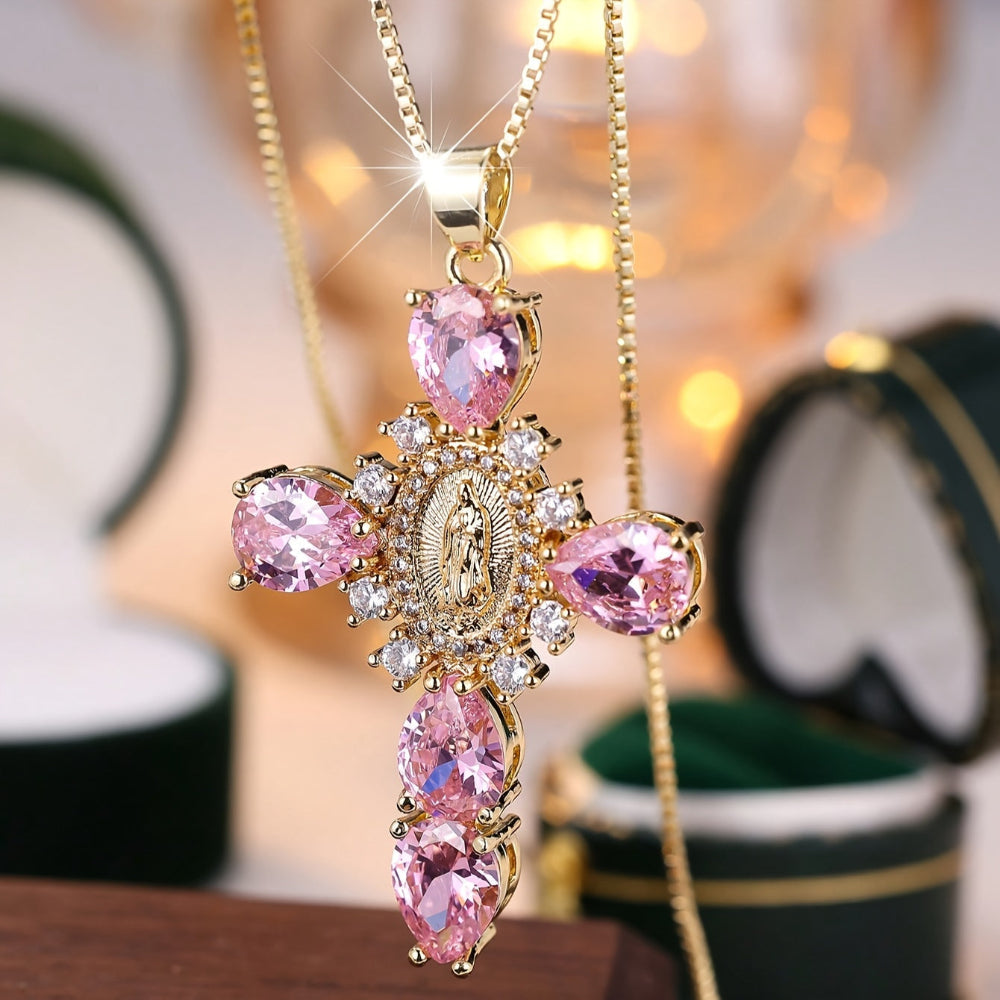 Gold Cross Pendant Necklace — Synthetic Zircon Crystal Setting